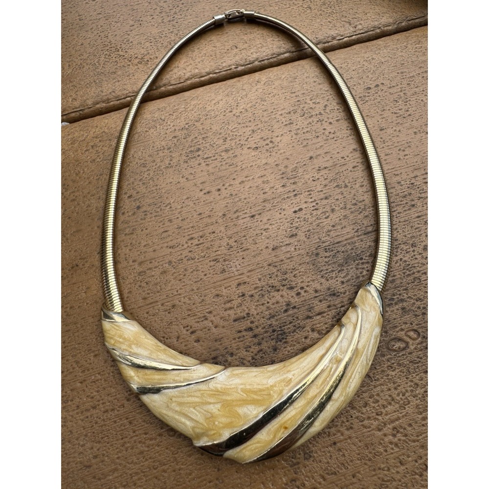 Omega Collar Pendant Necklace Gold Tone Cream Yellow Enamel Vintage